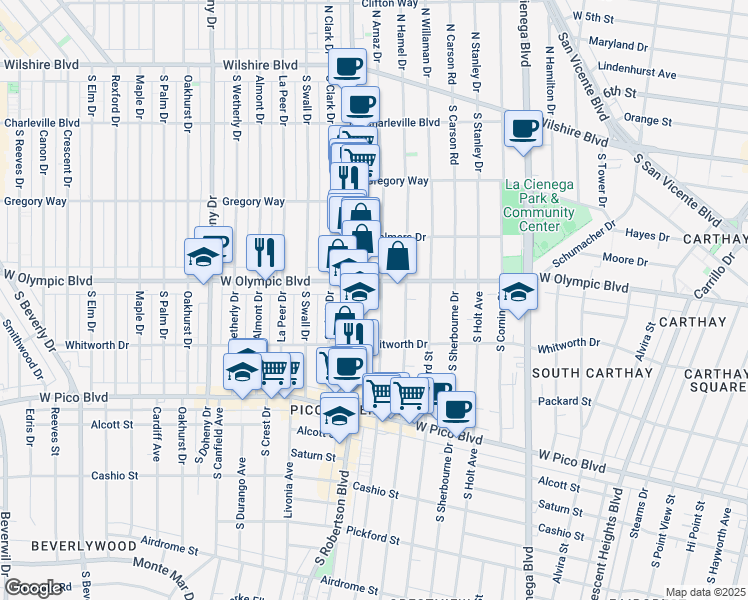 map of restaurants, bars, coffee shops, grocery stores, and more near 8764 West Olympic Boulevard in Los Angeles