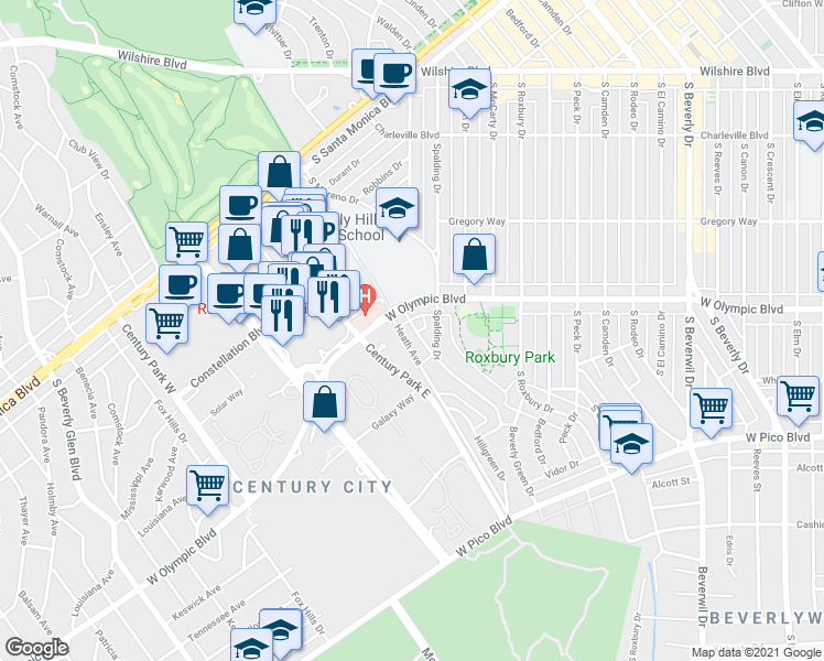 map of restaurants, bars, coffee shops, grocery stores, and more near 405 Shirley Place in Beverly Hills