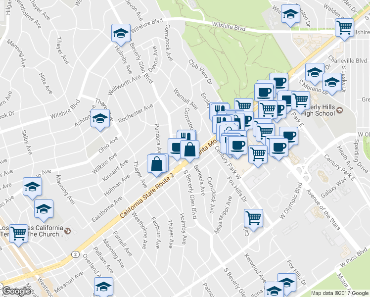 map of restaurants, bars, coffee shops, grocery stores, and more near 1725 Comstock Avenue in Los Angeles