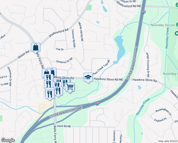 map of restaurants, bars, coffee shops, grocery stores, and more near 4383 Twin Creek Drive Northeast in Kennesaw