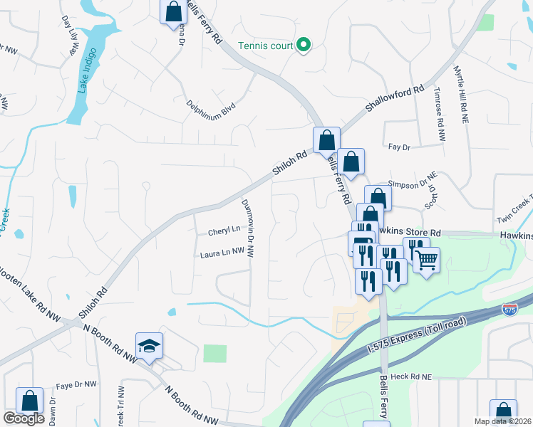 map of restaurants, bars, coffee shops, grocery stores, and more near 4387 Laurian Drive Northwest in Kennesaw