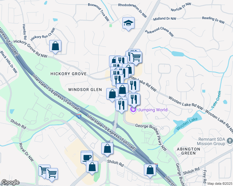 map of restaurants, bars, coffee shops, grocery stores, and more near 4327 Wade Green Road Northwest in Kennesaw