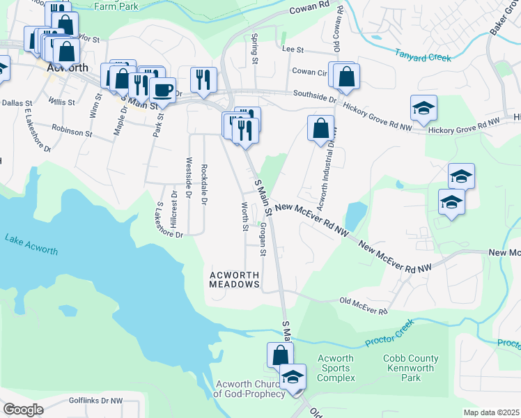map of restaurants, bars, coffee shops, grocery stores, and more near 4288 South Main Street in Acworth