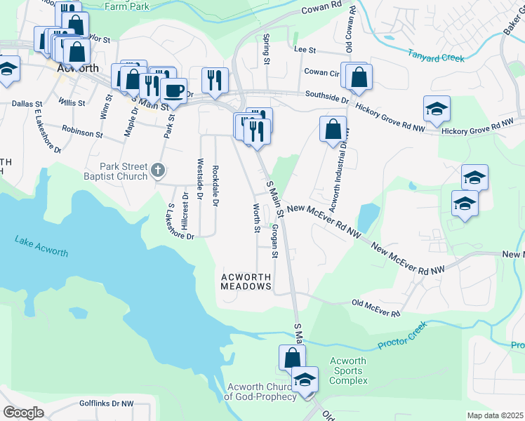map of restaurants, bars, coffee shops, grocery stores, and more near 4282 Worth Street in Acworth