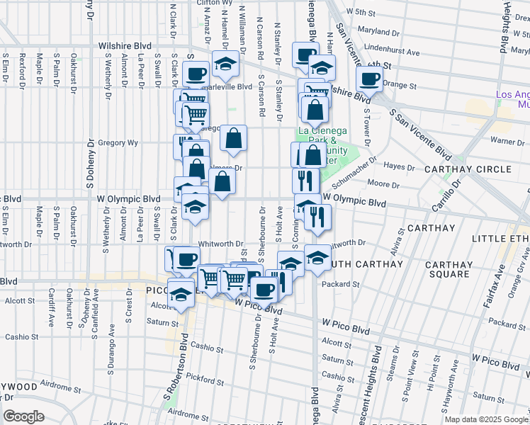 map of restaurants, bars, coffee shops, grocery stores, and more near 1001 South Holt Avenue in Los Angeles