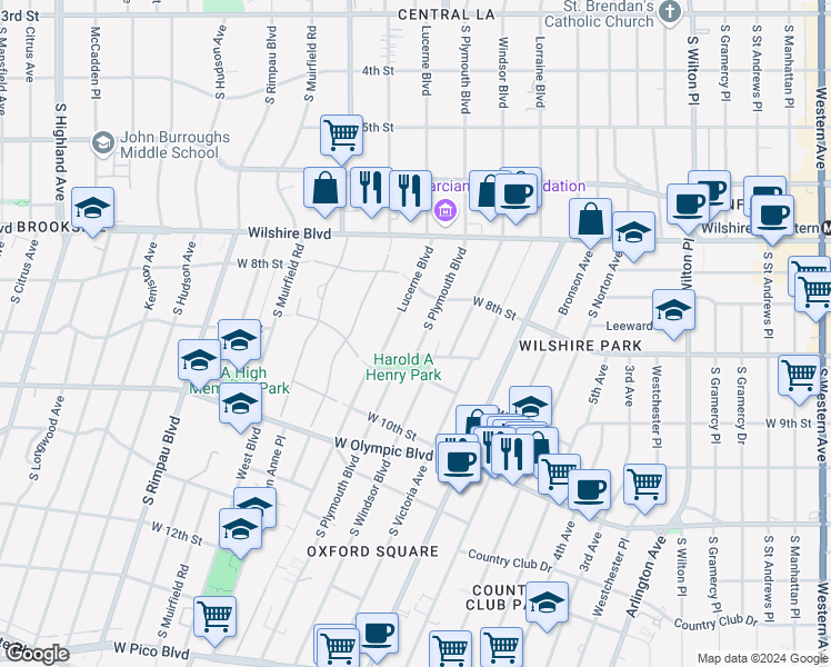 map of restaurants, bars, coffee shops, grocery stores, and more near 845 South Plymouth Boulevard in Los Angeles