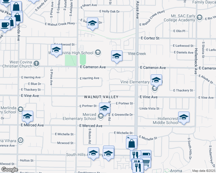 map of restaurants, bars, coffee shops, grocery stores, and more near 915 South Glenview Road in West Covina