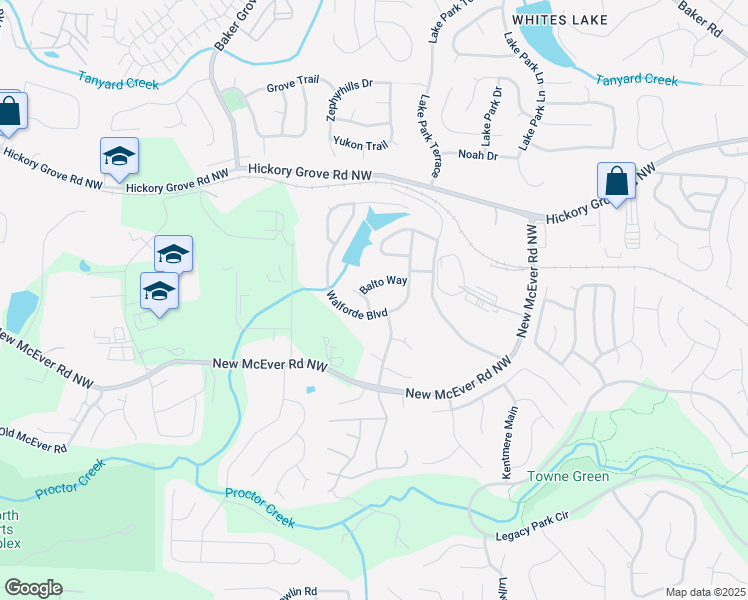 map of restaurants, bars, coffee shops, grocery stores, and more near 4454 Kentland Drive in Acworth