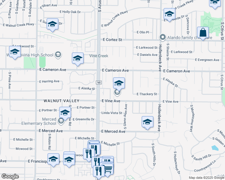 map of restaurants, bars, coffee shops, grocery stores, and more near 910 South Donna Beth Avenue in West Covina