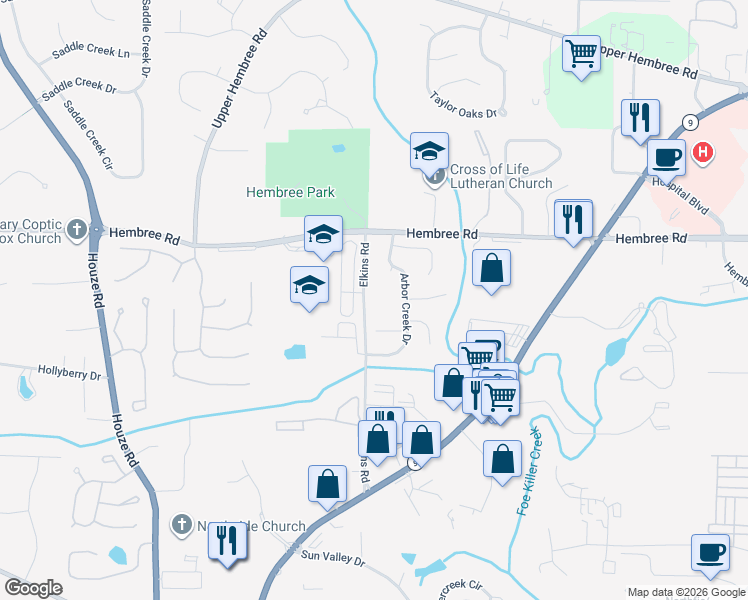 map of restaurants, bars, coffee shops, grocery stores, and more near 11465 Elkins Road in Roswell