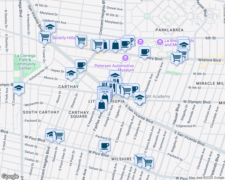 map of restaurants, bars, coffee shops, grocery stores, and more near 950 South Fairfax Avenue in Los Angeles