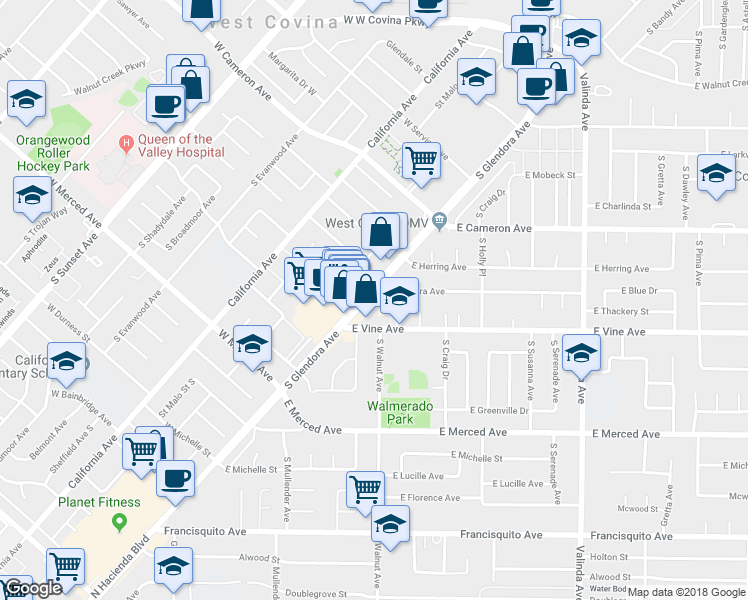 map of restaurants, bars, coffee shops, grocery stores, and more near 928 South Glendora Avenue in West Covina