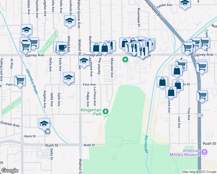 map of restaurants, bars, coffee shops, grocery stores, and more near 2572 Muscatel Avenue in Rosemead