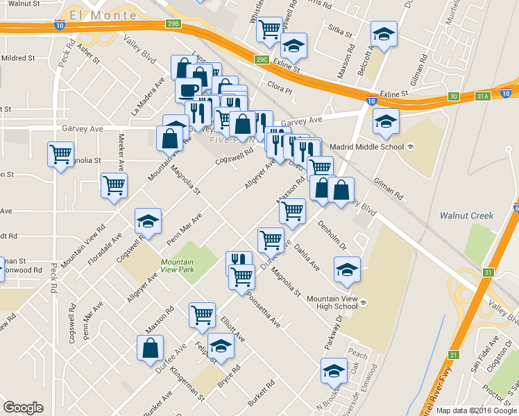 map of restaurants, bars, coffee shops, grocery stores, and more near 2905 Maxson Road in El Monte