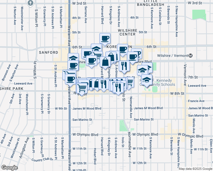 map of restaurants, bars, coffee shops, grocery stores, and more near 737 South Kingsley Drive in Los Angeles