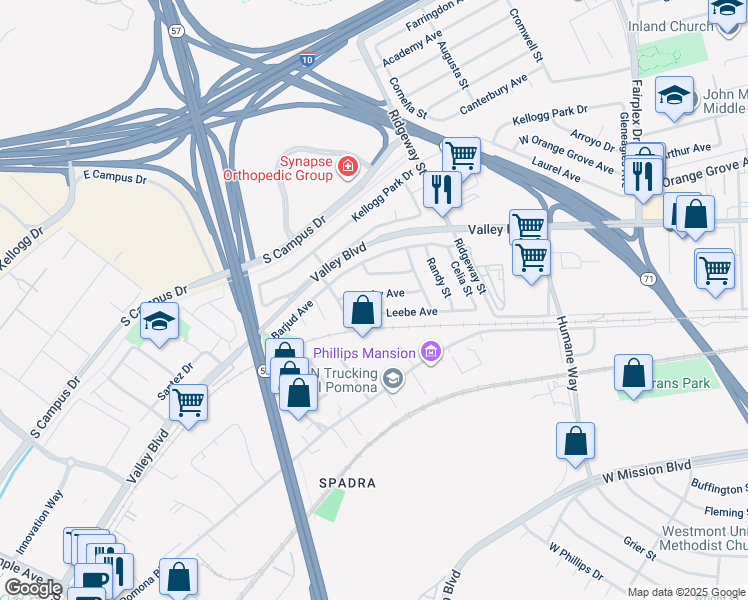 map of restaurants, bars, coffee shops, grocery stores, and more near 2562 Cathy Avenue in Pomona
