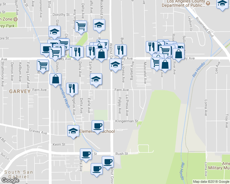 map of restaurants, bars, coffee shops, grocery stores, and more near 8610 Fern Avenue in Rosemead
