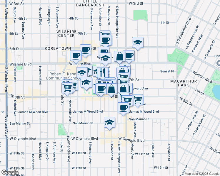 map of restaurants, bars, coffee shops, grocery stores, and more near 725 South Berendo Street in Los Angeles