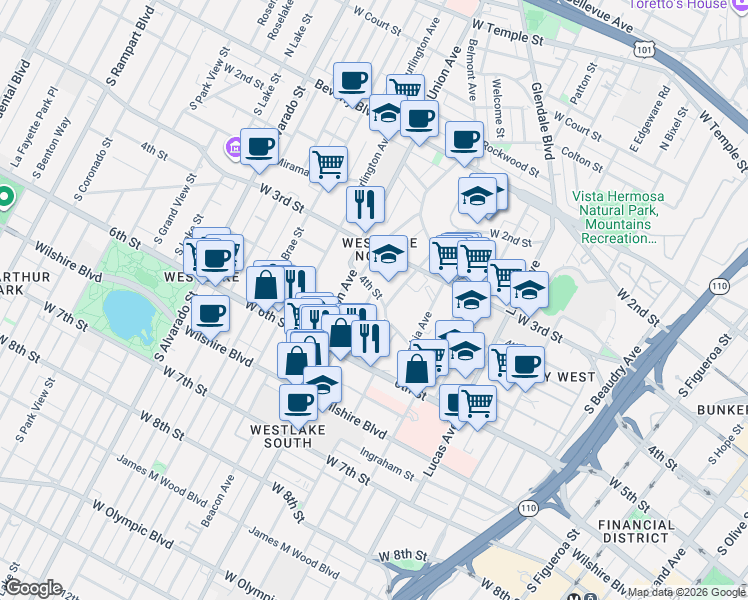 map of restaurants, bars, coffee shops, grocery stores, and more near 412 Union Drive in Los Angeles