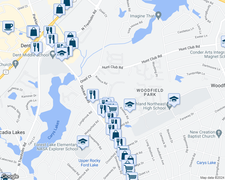 map of restaurants, bars, coffee shops, grocery stores, and more near 118 Angel Garden Way in Columbia