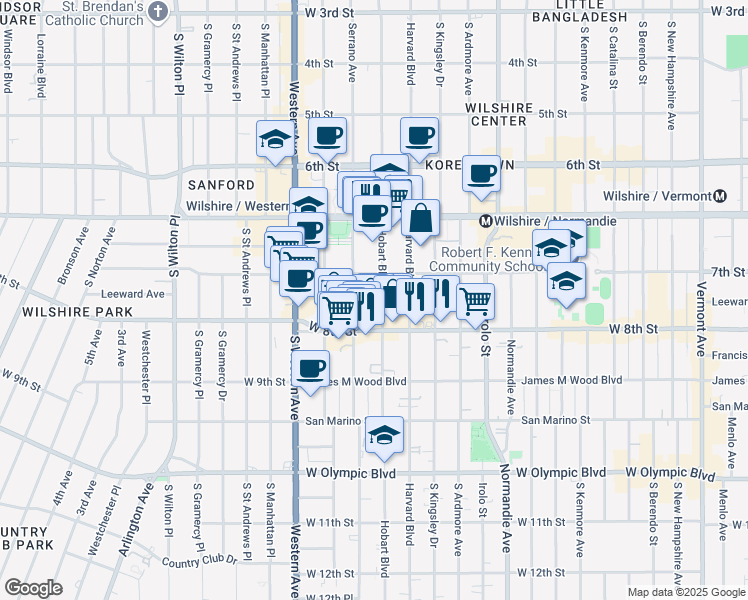 map of restaurants, bars, coffee shops, grocery stores, and more near 729 South Hobart Boulevard in Los Angeles