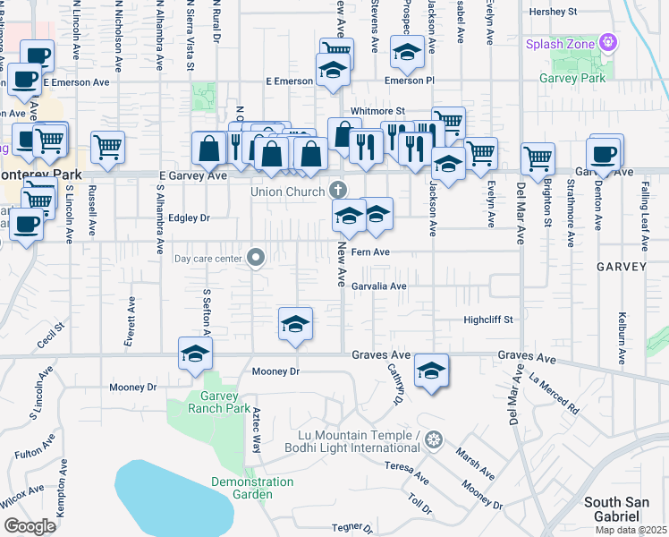 map of restaurants, bars, coffee shops, grocery stores, and more near 331 South New Avenue in Monterey Park