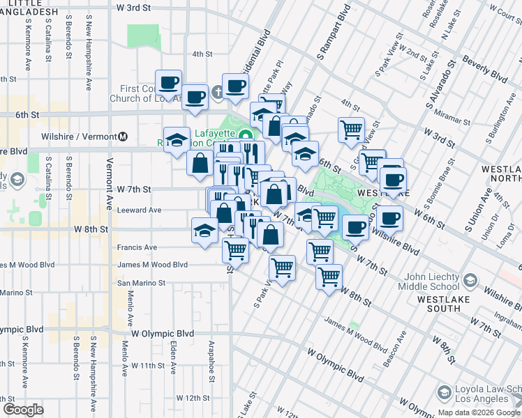 map of restaurants, bars, coffee shops, grocery stores, and more near 2614 West 7th Street in Los Angeles