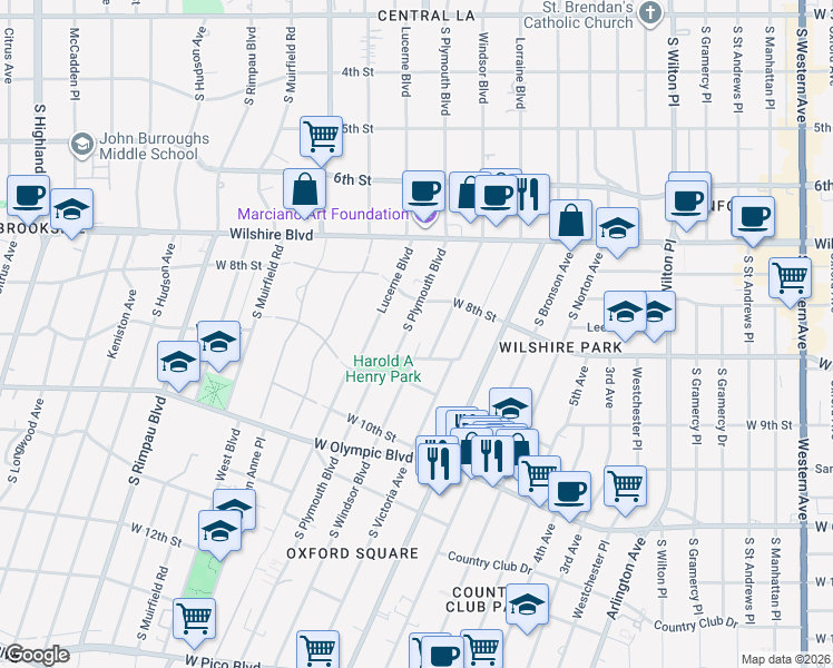 map of restaurants, bars, coffee shops, grocery stores, and more near 832 South Plymouth Boulevard in Los Angeles