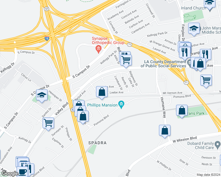 map of restaurants, bars, coffee shops, grocery stores, and more near 2544 Cathy Avenue in Pomona