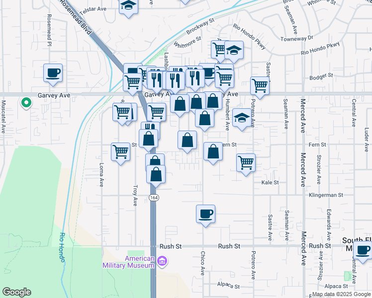 map of restaurants, bars, coffee shops, grocery stores, and more near 2540 Everly Street in South El Monte