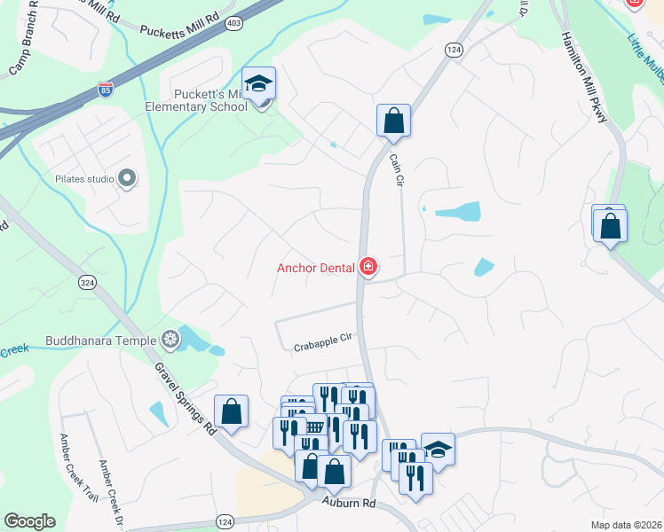 map of restaurants, bars, coffee shops, grocery stores, and more near 2185 Ashton Ridge Drive in Dacula