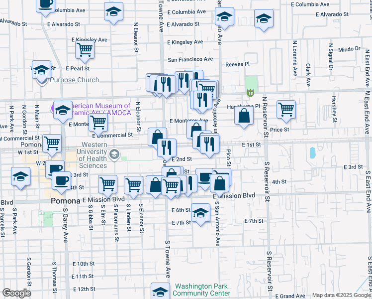 map of restaurants, bars, coffee shops, grocery stores, and more near 888 East 1st Street in Pomona