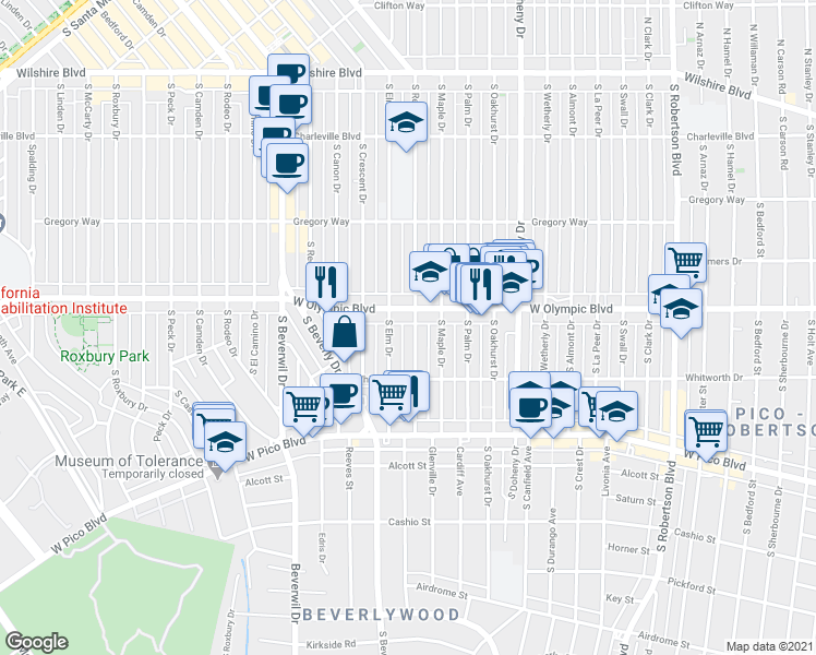 map of restaurants, bars, coffee shops, grocery stores, and more near in Beverly Hills