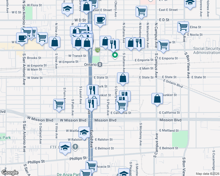 map of restaurants, bars, coffee shops, grocery stores, and more near 306 East Park Street in Ontario