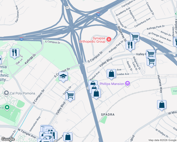 map of restaurants, bars, coffee shops, grocery stores, and more near 587-4 Oakton Way in Pomona