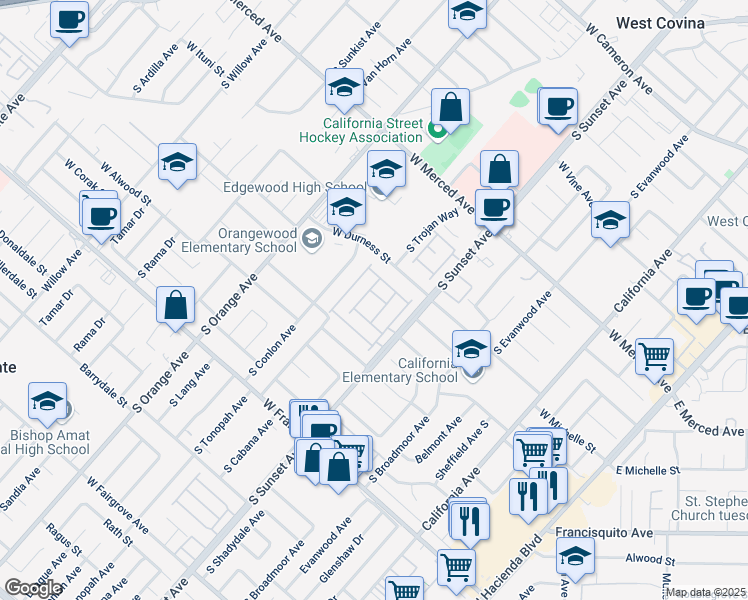 map of restaurants, bars, coffee shops, grocery stores, and more near 1561 Island in West Covina