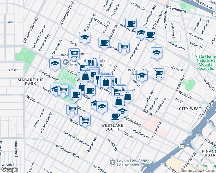 map of restaurants, bars, coffee shops, grocery stores, and more near 512 South Bonnie Brae Street in Los Angeles