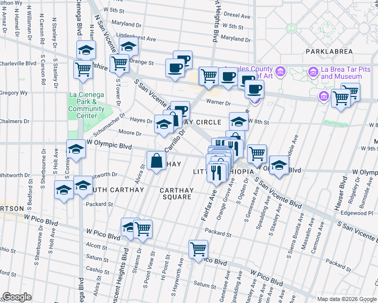 map of restaurants, bars, coffee shops, grocery stores, and more near 6255 West Olympic Boulevard in Los Angeles
