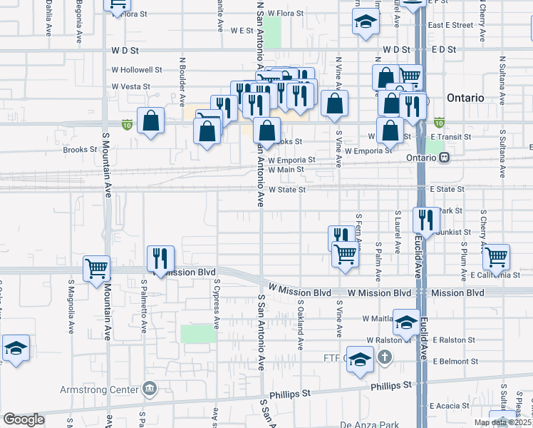 map of restaurants, bars, coffee shops, grocery stores, and more near 647 West Park Street in Ontario