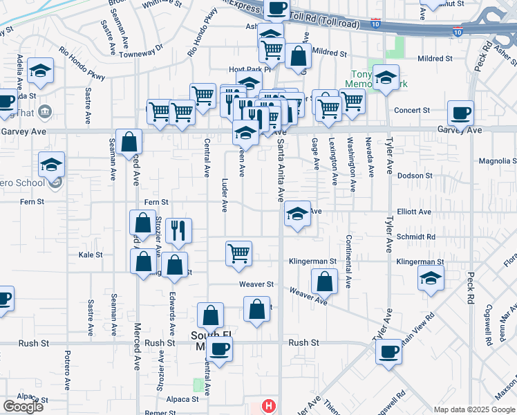 map of restaurants, bars, coffee shops, grocery stores, and more near 10427 Fern Street in El Monte