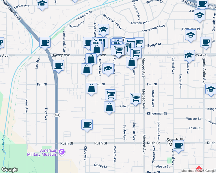 map of restaurants, bars, coffee shops, grocery stores, and more near 2561 Potrero Avenue in El Monte