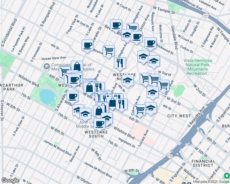 map of restaurants, bars, coffee shops, grocery stores, and more near 431 South Union Avenue in Los Angeles