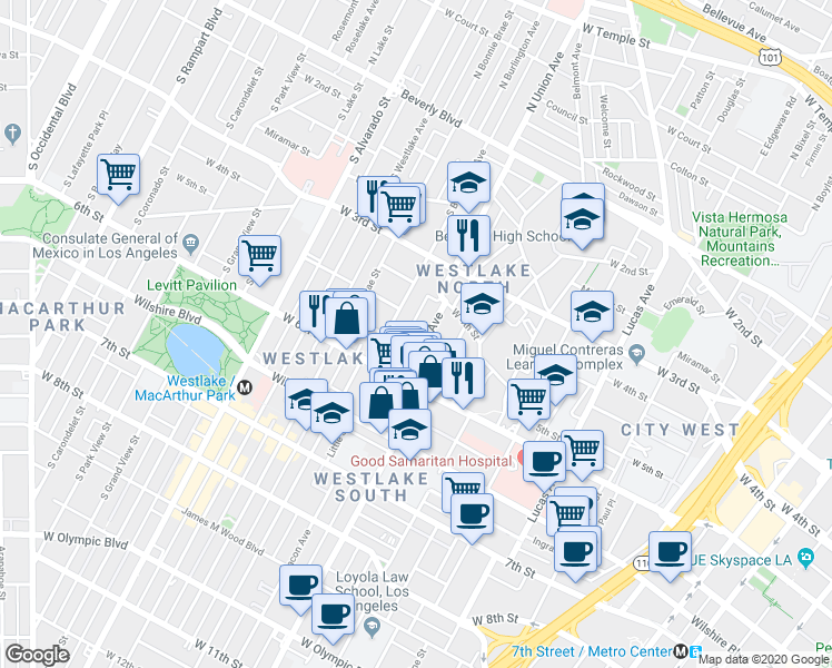 map of restaurants, bars, coffee shops, grocery stores, and more near 431 South Union Avenue in Los Angeles