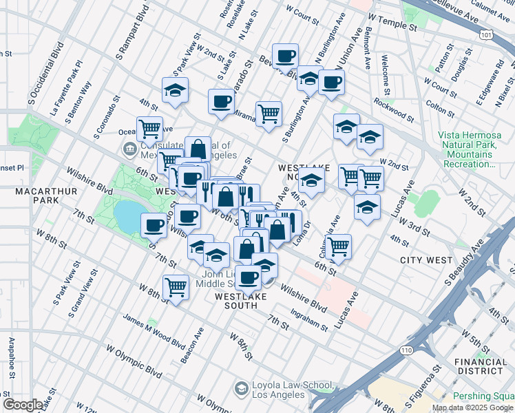 map of restaurants, bars, coffee shops, grocery stores, and more near 1801 West 5th Street in Los Angeles