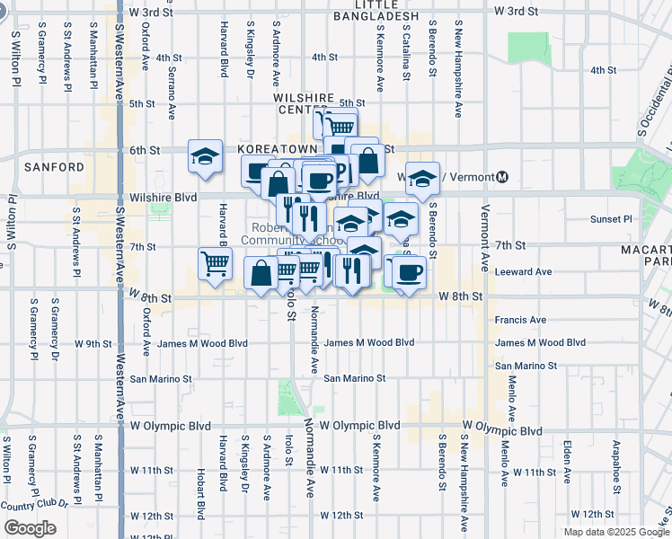 map of restaurants, bars, coffee shops, grocery stores, and more near 721 South Mariposa Avenue in Los Angeles