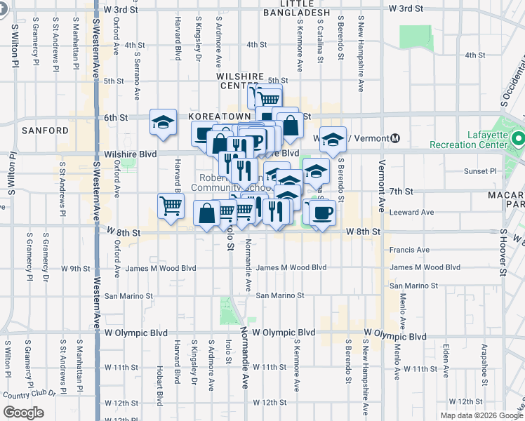 map of restaurants, bars, coffee shops, grocery stores, and more near 721 South Mariposa Avenue in Los Angeles