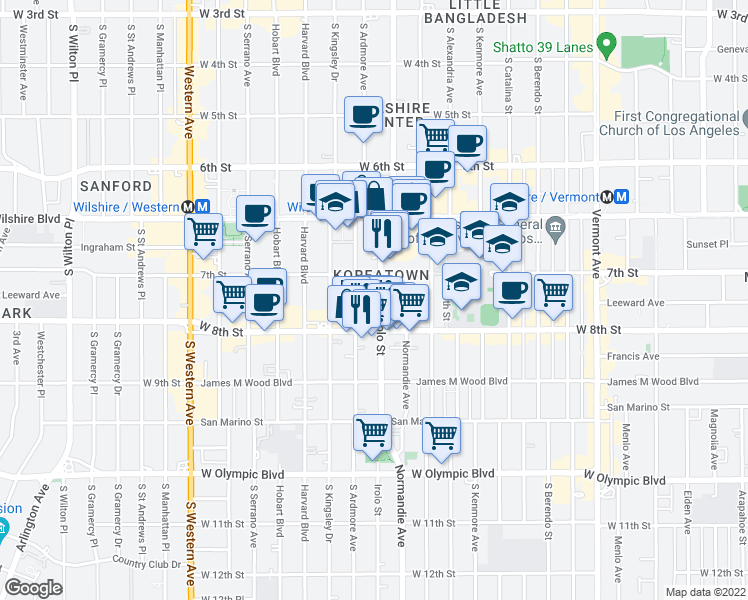 map of restaurants, bars, coffee shops, grocery stores, and more near 3550 West 7th Street in Los Angeles