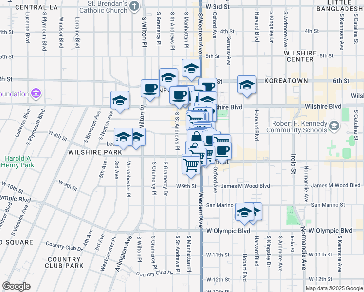map of restaurants, bars, coffee shops, grocery stores, and more near 722 S St Andrews Pl in Los Angeles