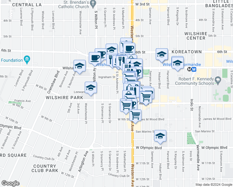 map of restaurants, bars, coffee shops, grocery stores, and more near 718 South Saint Andrews Place in Los Angeles