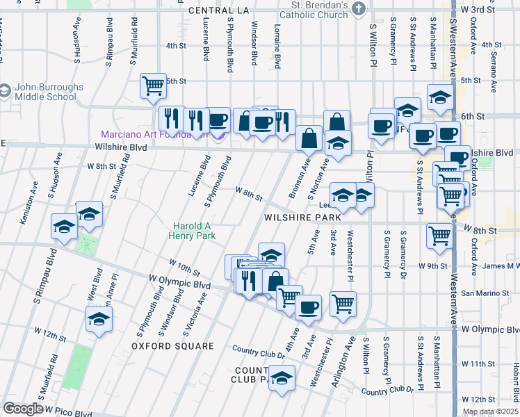 map of restaurants, bars, coffee shops, grocery stores, and more near 814 Lorraine Boulevard in Los Angeles